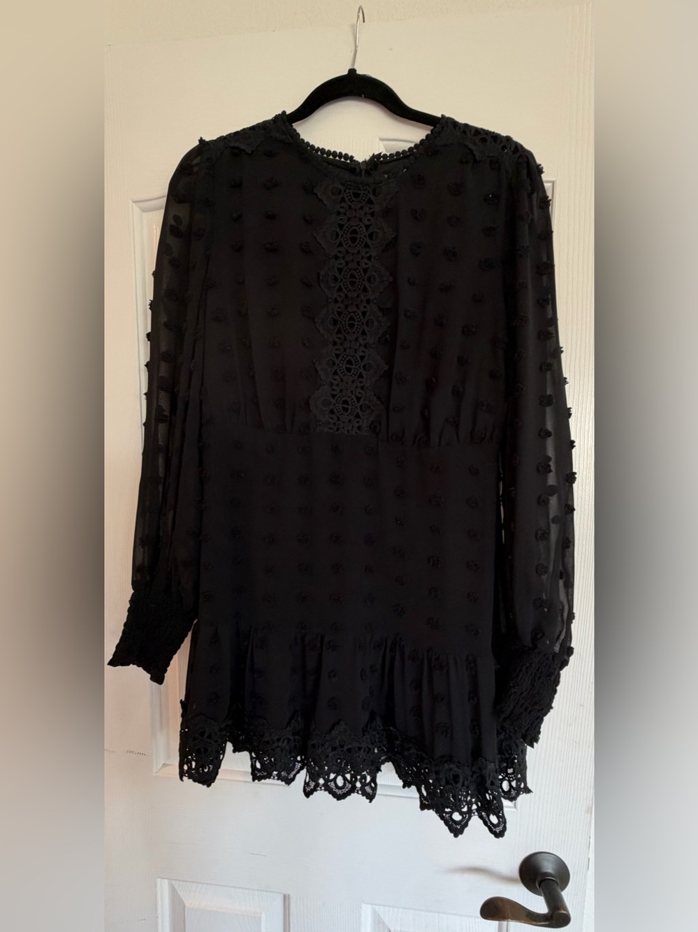 Love By Design Black Long-Sleeve Swiss Dot Lace-Trim Dress
